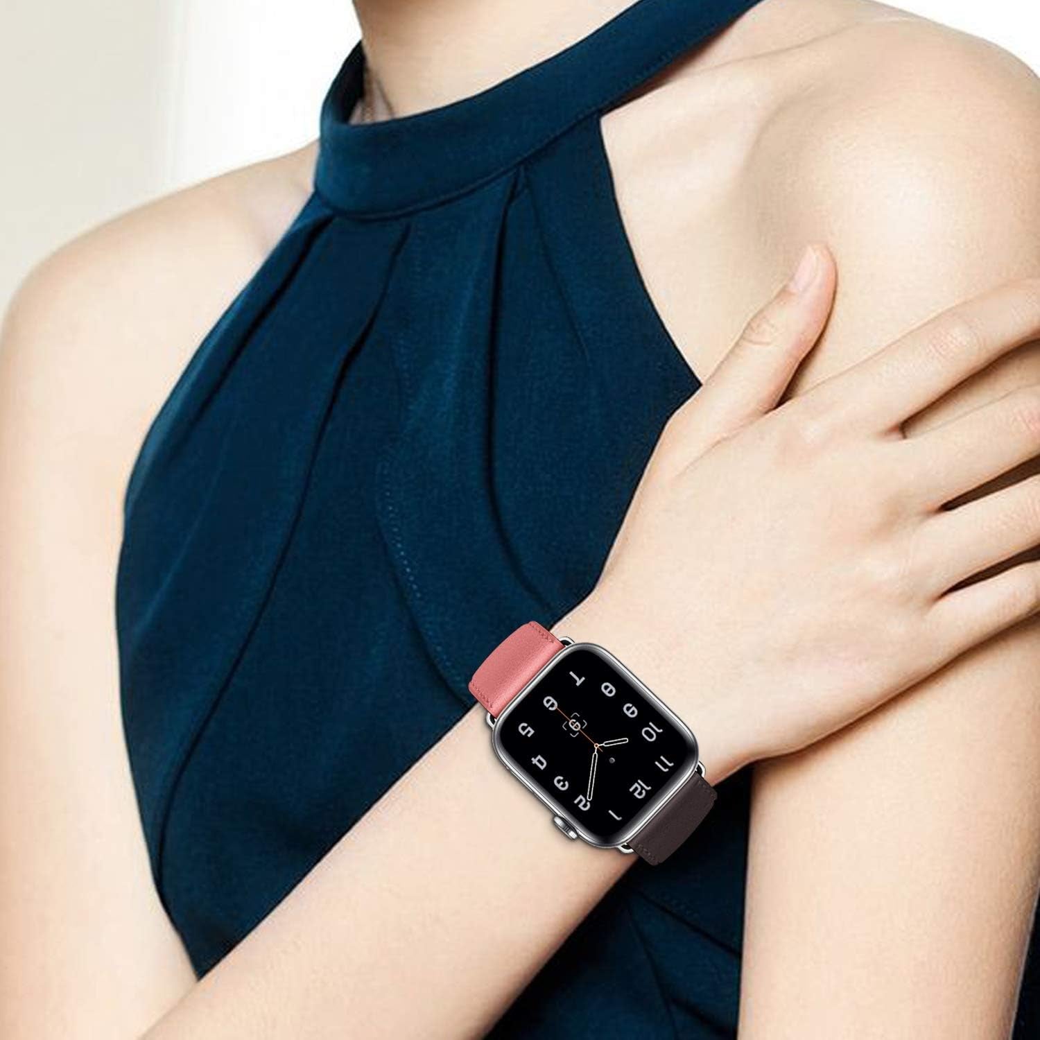 Compatible with Apple Watch Band 42Mm 44Mm 45Mm Women Men, Pierre Case Genuine Leather Sweatproof Classic Replacement Strap Stainless Steel Buckle for Iwatch Series 7/6/SE/5/4/3/2/1 Wine Red Pink  TOKASA   