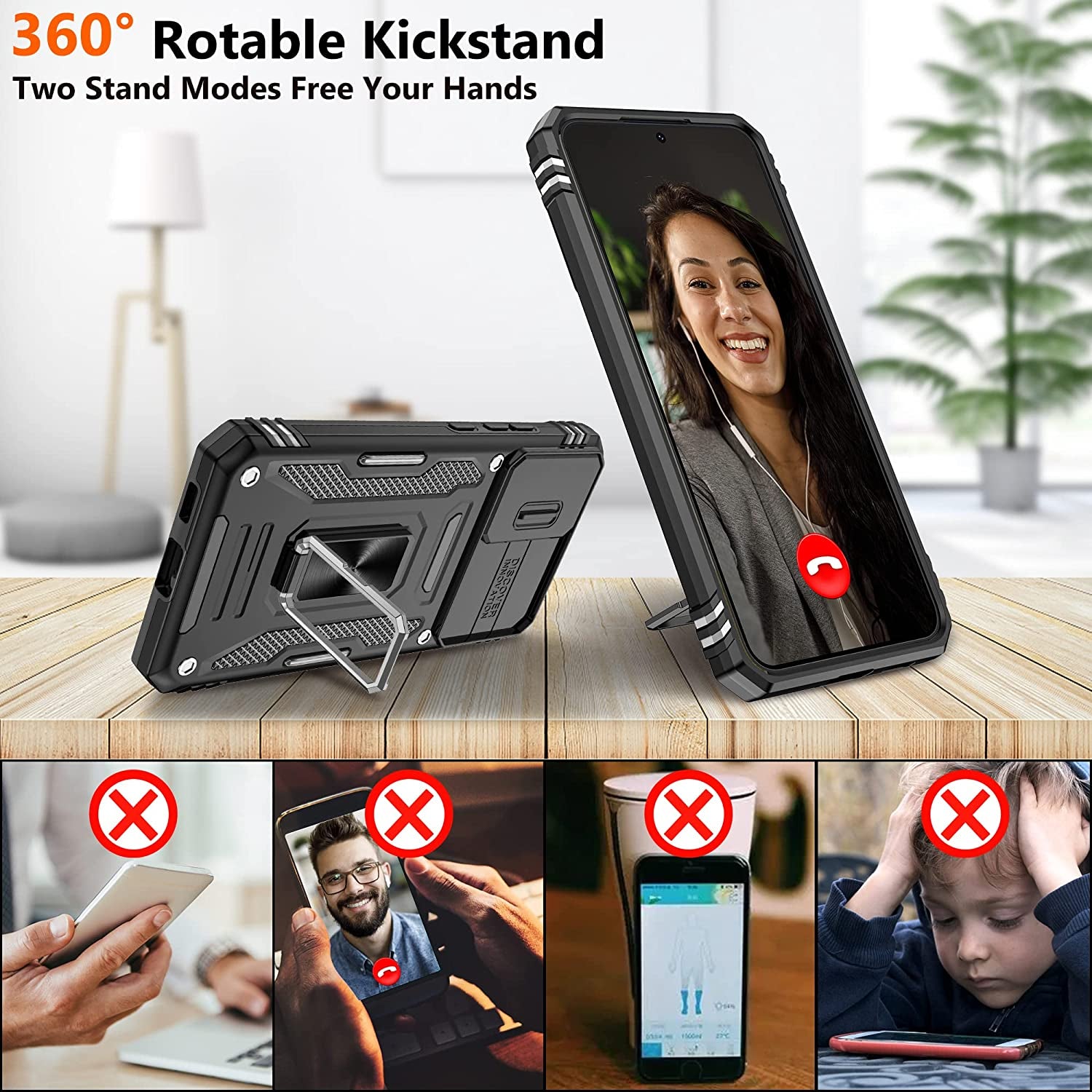 Galaxy S22 Case，S22 Case with Slide Camera Cover and Screen Protector, Shockproof Samsung S22 Galaxy Case with 360° Magnetic Ring Holder Kickstand Phone Case for Samsung S22 Black  Gritup   