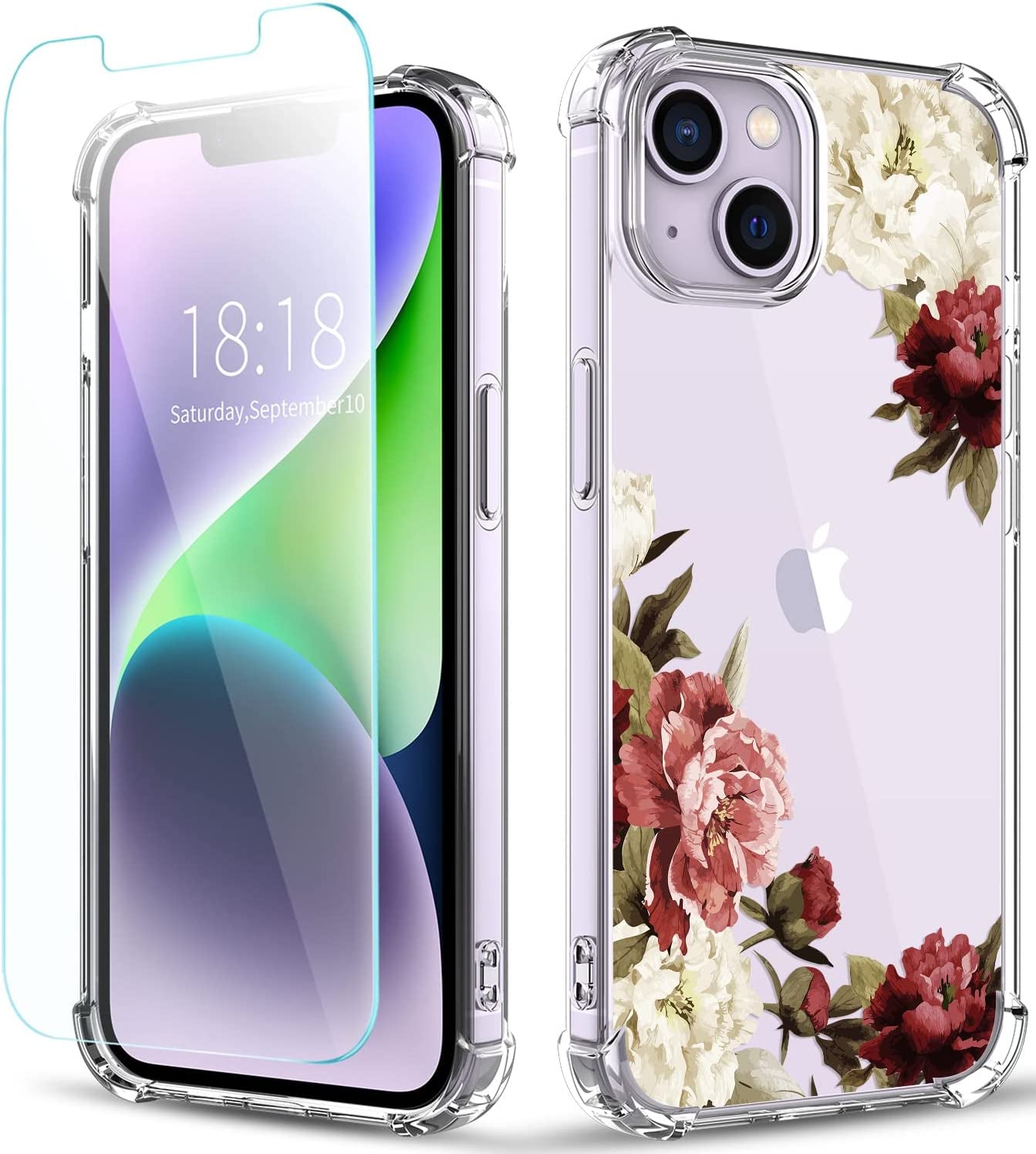 YOYORI Compatible with Iphone 14 Case Clear[With Screen Protector], Transparent Shockproof Protective Soft TPU Bumper Cover 6.1 Inch 2022  YOYORI Peony/Red  