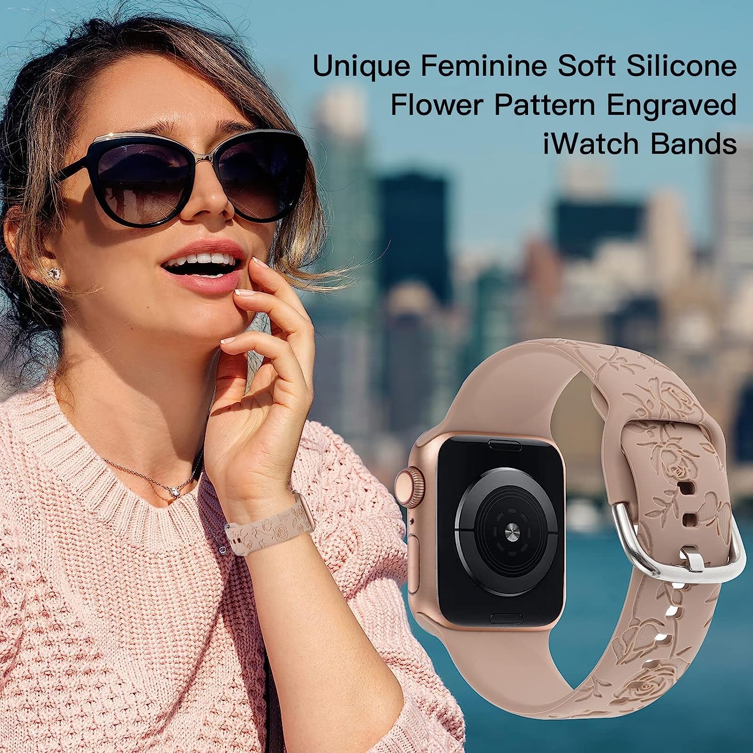 Flower Engraved Bands Compatible with Apple Watch Band 41Mm 40Mm 38Mm 44Mm 42Mm 45Mm 49Mm, Cute Women Floral Soft Silicone Sport Replacement Strap for Iwatch Series Ultra SE 8 7 6 5 4 3 2 1  TERKOWQI   