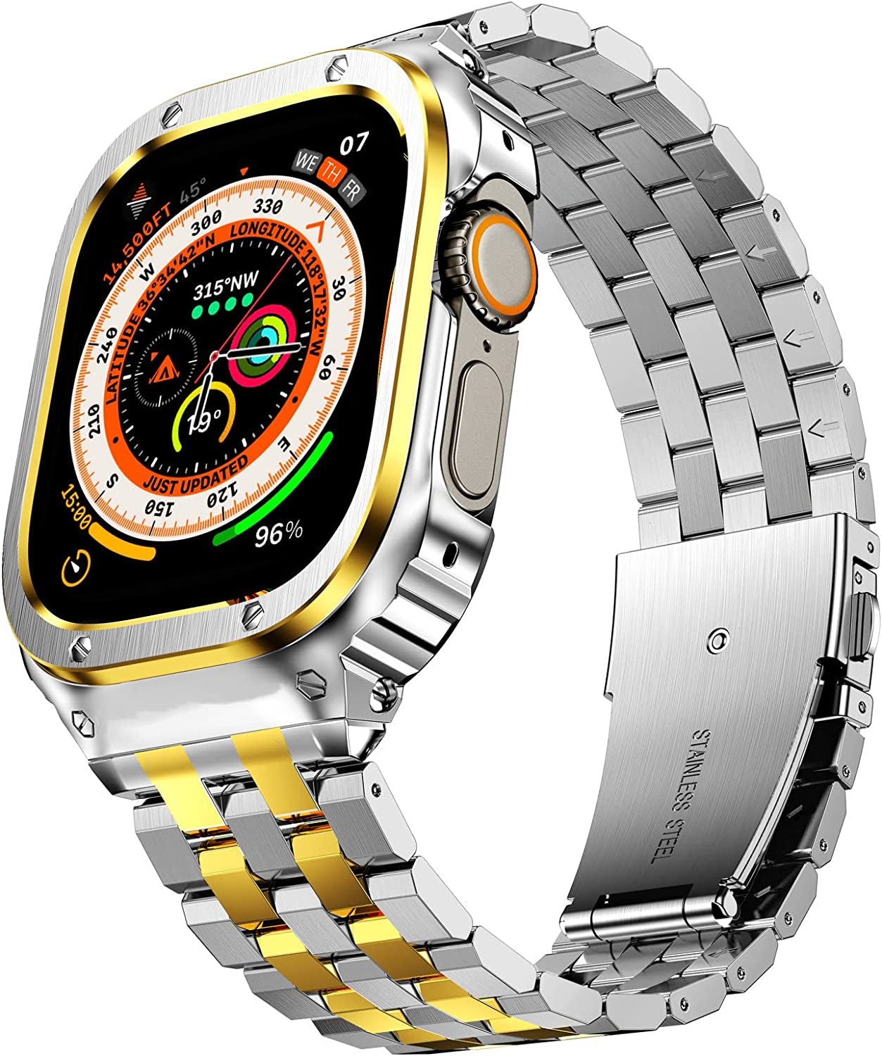 SUPLINK Stainless Steel Case with Band Compatible Apple Watch Bands 40Mm/41Mm/44Mm/45Mm/49Mm,Metal Rugged Protector Cover Bumper Strap for Iwatch Ultra Series 8/7/6/5/4/SE for Men  SUPLINK Silver/Gold-49 49mm(Ultra) 