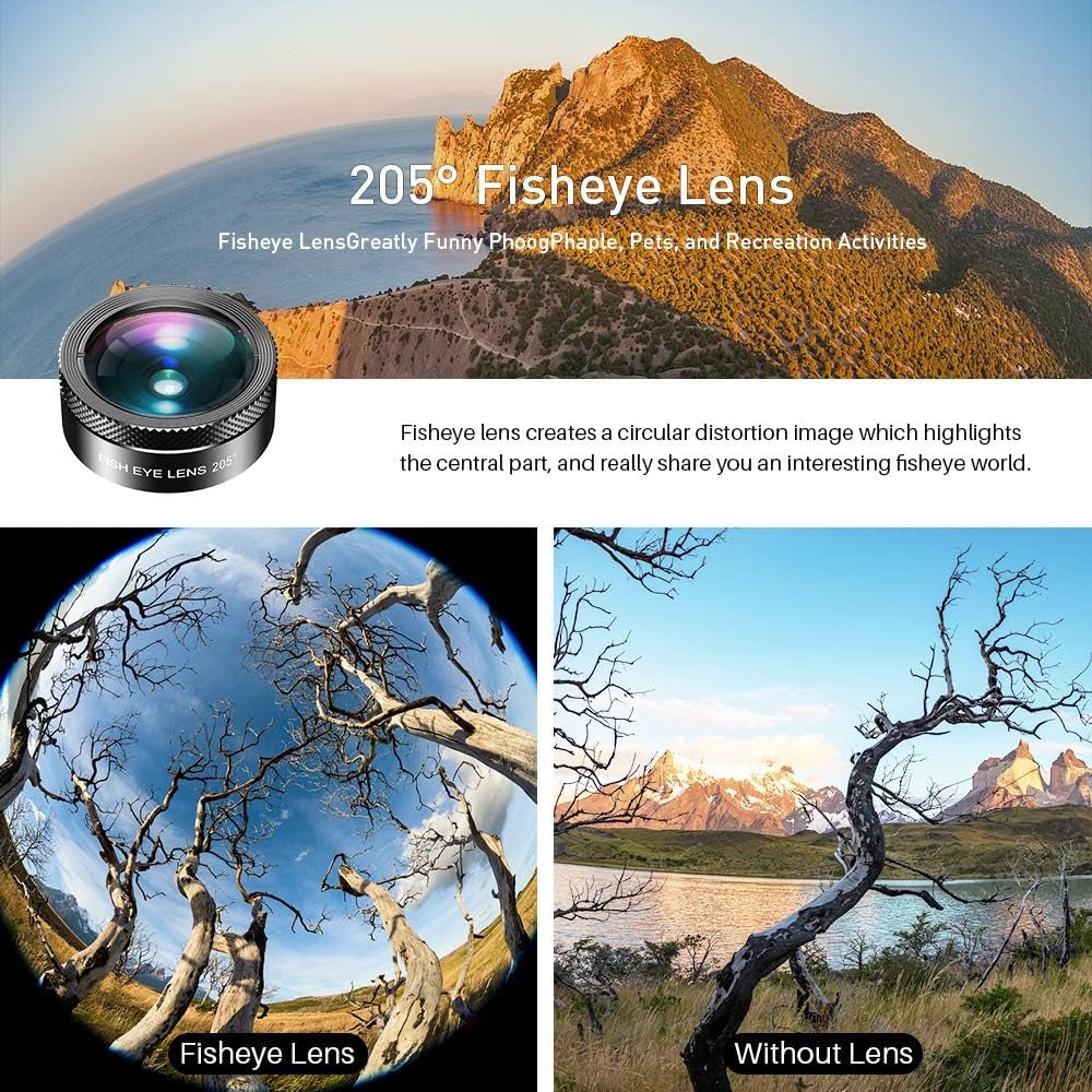 11 in 1 Universal Clip on Cell Phone Camera Lens Kit. 205°Fisheye 140° Super Wide Angle 15X Macro Star CPL ND32 Kaleidoscope 4 Color Lens for Iphone Samsung Huawei and Most of Smartphone  Phorsen   