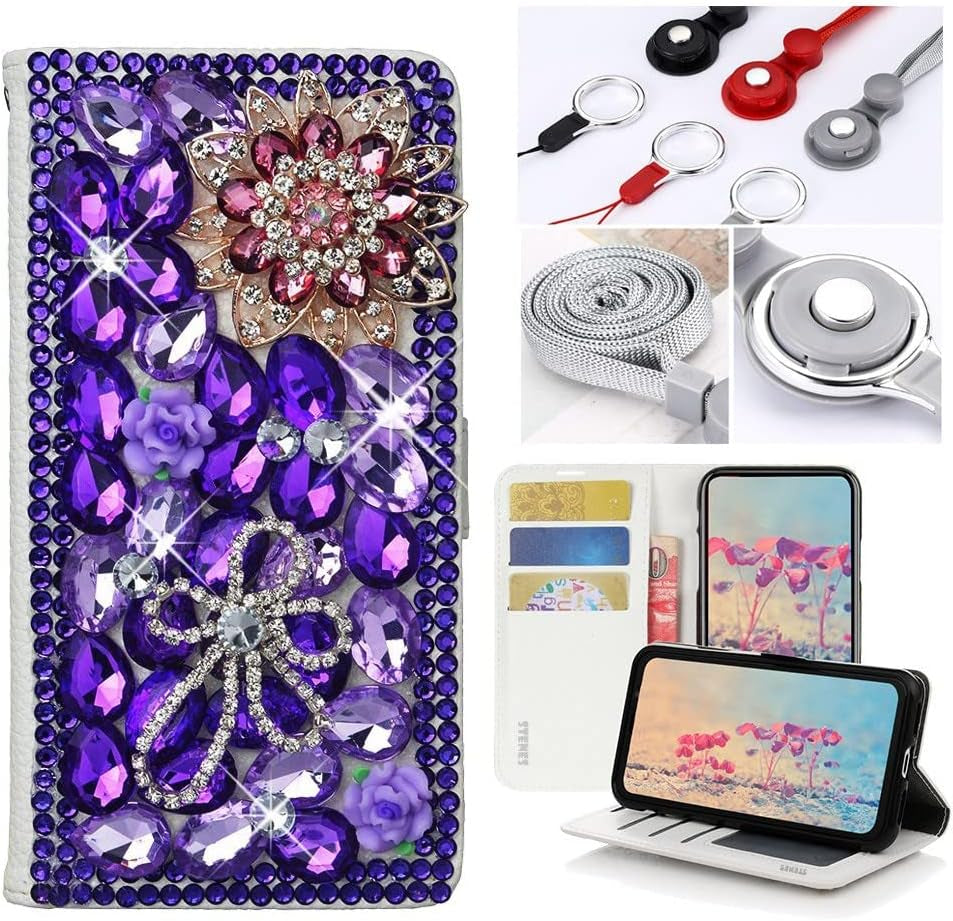 STENES Bling Wallet Phone Case Compatible with LG V40 Thinq - Stylish - 3D Handmade Luxury Flowers Design Leather Cover with Neck Strap Lanyard [3 Pack] - Deep Purple  STENES   