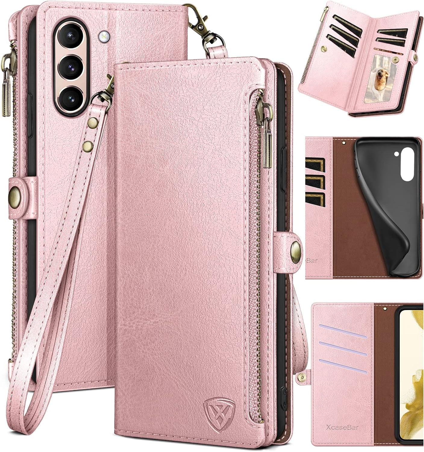 Xcasebar for Samsung Galaxy S21 Wallet Case with Zipper Credit Card Holder【Rfid Blocking】, Flip Folio Book PU Leather Phone Case Shockproof Cover Women Men for Samsung S21 Case Wine Red  XcaseBar Rose Gold  