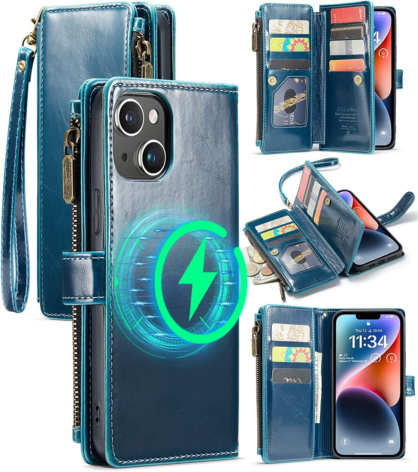 FLIPALM Wallet Case for Iphone 14 Pro(6.1") Flip Case,Compatible with Magsafe Charger,Pu Leather Zipper Protective Lanyard Strap Wristlet Case with Magnetic Closure and Card Holder Luxury Coffee  FLIPALM Luxury Blue iPhone 14 Plus 