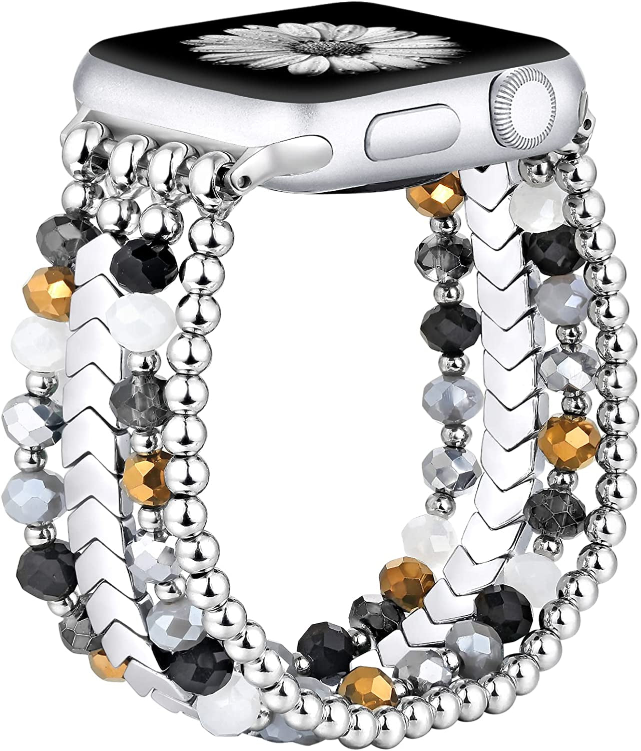 Fastgo Bracelet Band Beaded Compatible with Apple Watch 38Mm 40Mm 41Mm 42Mm 44Mm 45Mm 49Mm Women, Fashion Elastic Stretch Strap Bands for Iwatch SE &Series Ultra 8 7 6 5 4 3 2 1(Black/Sliver/Grey,S/M)  fastgo Silver/Black/Colorful 38mm/40mm/41mm-S/M(5.5”-6.0”) 