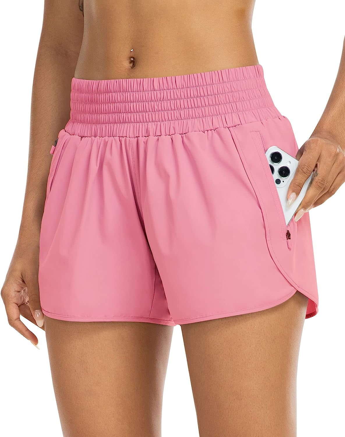 YEZII Athletic Shorts for Women with Pockets High Waist Running Workout Shorts Gym Yoga White Summer Shorts  YEZII Pink Small 