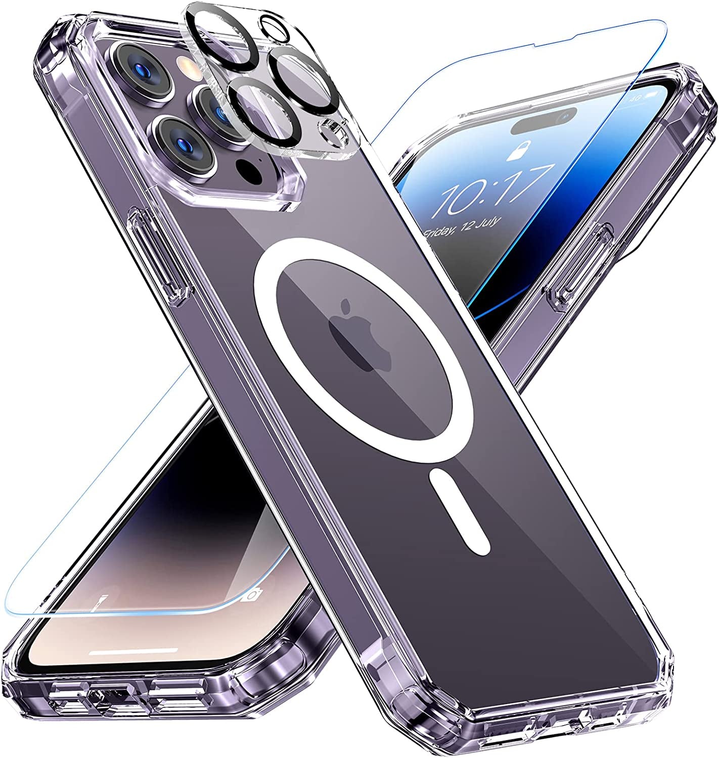 NULETO 【3 in 1】 Case for Iphone 14 Pro with Magsafe, Built-In with 9H Tempered Glass Screen Protector & Camera Lens Protector & Strong Magnetic Slim Thin Phone Cover for Iphone 14 Pro - Purple  Nuleto Clear  