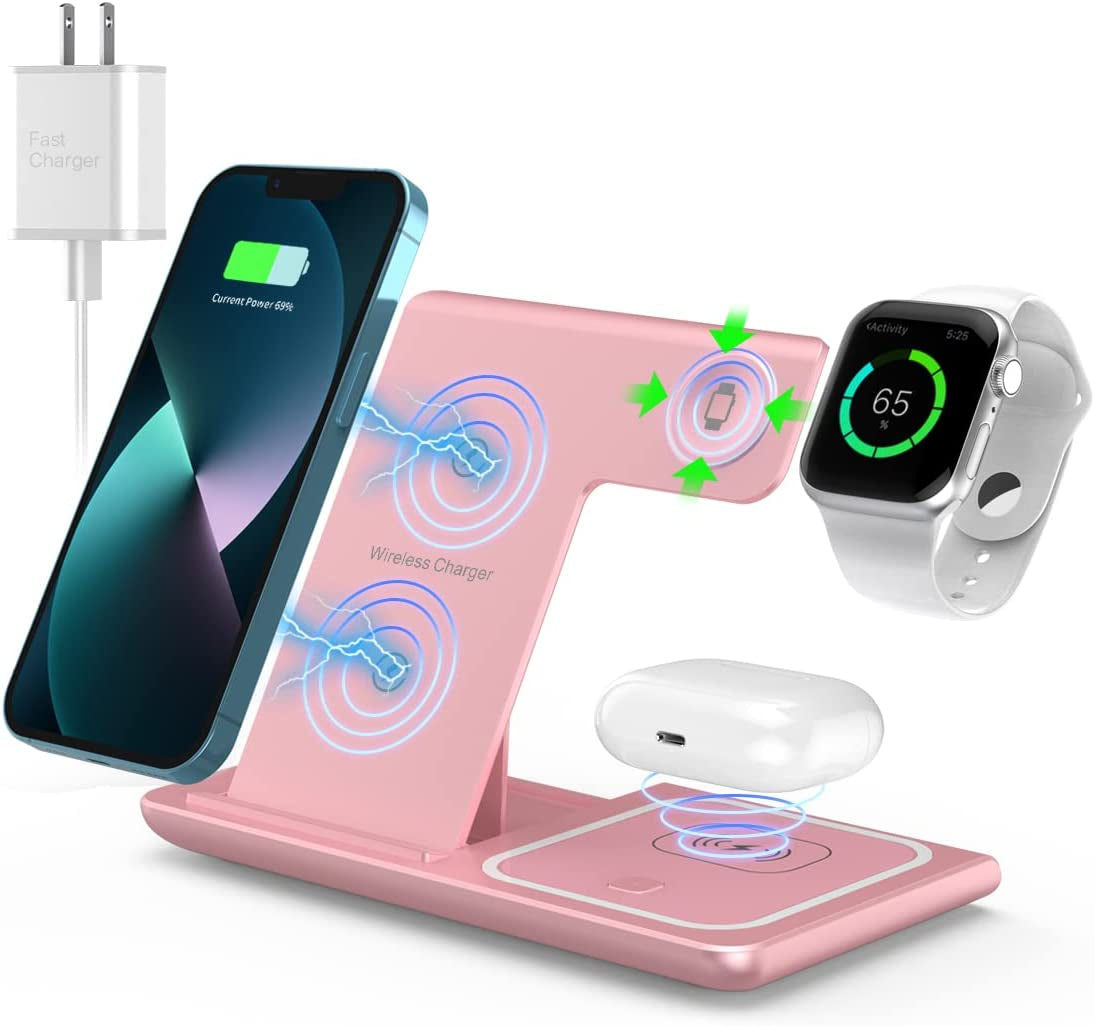 Wireless Charger,Anylincon 3 in 1 Charger Station for Apple Iphone/Iwatch/Airpods,Iphone 14,13,12,11 (Pro, Pro Max)/Xs/Xr/Xs/X/8(Plus),Iwatch 7/6/Se/5/4/3/2,Airpods 3/2/Pro  XuHui Pink  