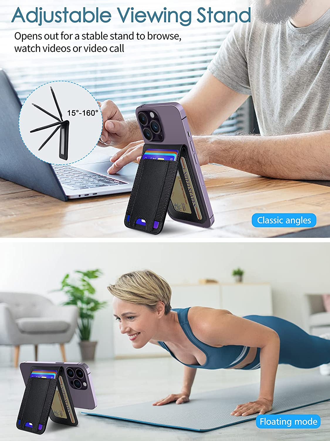 Miroddi Magsafe Wallet Stand - Magnetic Wallet with Adjustable Stand, Magsafe Card Holder for Iphone 14/14 Plus/14 Pro/14 Pro Max and 13/12 Series, Open ID Window, Fits 9 Cards, Vegan Leather, Black  Miroddi   