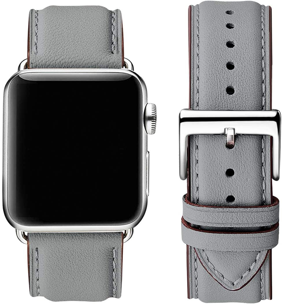 OMIU Square Bands Compatible with Apple Watch Band 38Mm 40Mm 41Mm 42Mm 44Mm 45Mm 49Mm, Genuine Leather Wristband Starp for Iwatch SE Series 8 7 6 5 4 3 2 1 Utral for Women Men(Ivory White/Rose Gold)  BestWayStore Gray/Silver 42mm 44mm 45mm 49mm 