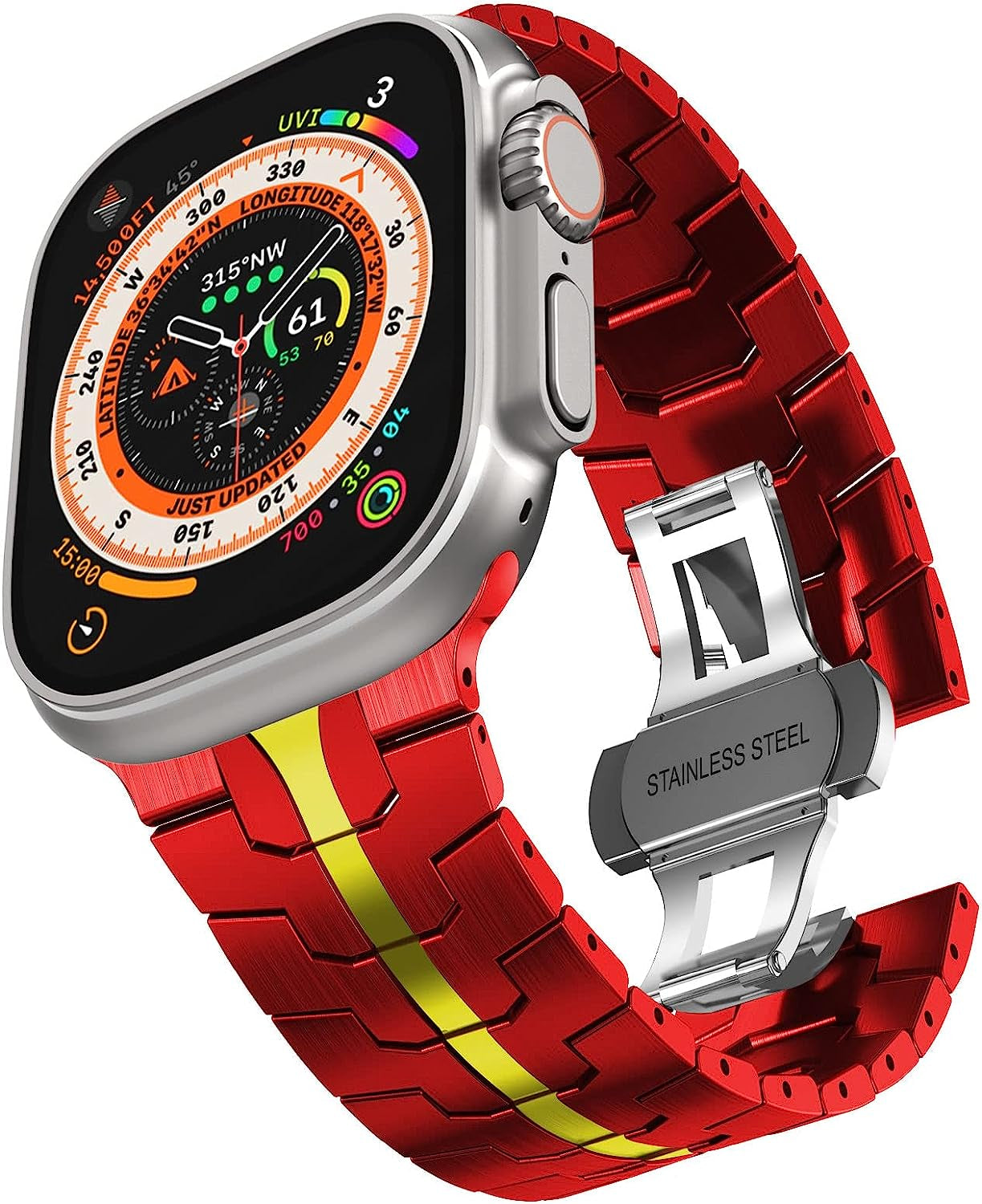 CHANCHY Stainless Steel Band for Apple Watch Ultra Band 49Mm 45Mm 44Mm 42Mm 38Mm 40Mm 41Mm, Metal Strap with Folding Clasp for Apple Watch Series 8 7 6 5 4 3 2 1 SE Men (Black, 49Mm 45Mm 44Mm 42Mm)  CHANCHY Red/Gold 42mm/44mm/45mm/Ultra 49mm 