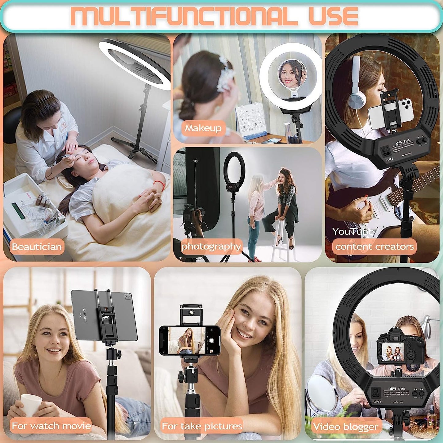 AFI 16" Selfie Ring Light with 3 Color Modes 79" Extendable Tripod Stand Phone Camera Holder, 320 Bulbs 6500K 10 Brightness Dimmable LED Carrying Bag for Photography Makeup Live Youtube Video Tiktok  AFI   