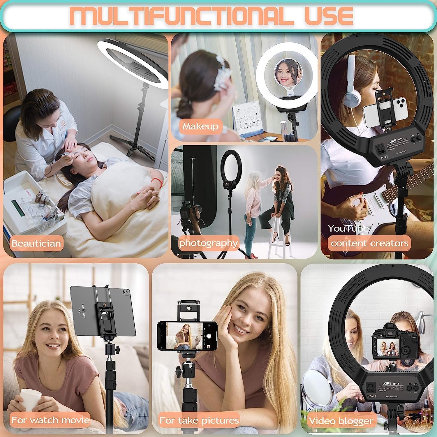 AFI 16" Selfie Ring Light with 3 Color Modes 79" Extendable Tripod Stand Phone Camera Holder, 320 Bulbs 6500K 10 Brightness Dimmable LED Carrying Bag for Photography Makeup Live Youtube Video Tiktok  AFI   