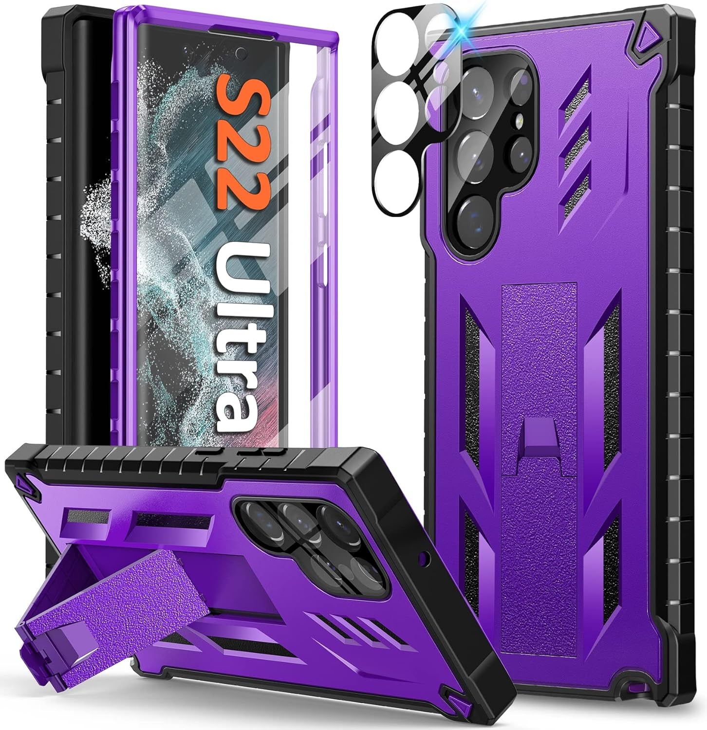 FNTCASE for Samsung Galaxy S22 Ultra Case: Built-In Screen Protector & Kickstand Full-Body Dual Layer Rugged Military Grade Shockproof Protection Heavy Duty Protective Phone Cover 5G-Black  FNTCASE Z-Purple  