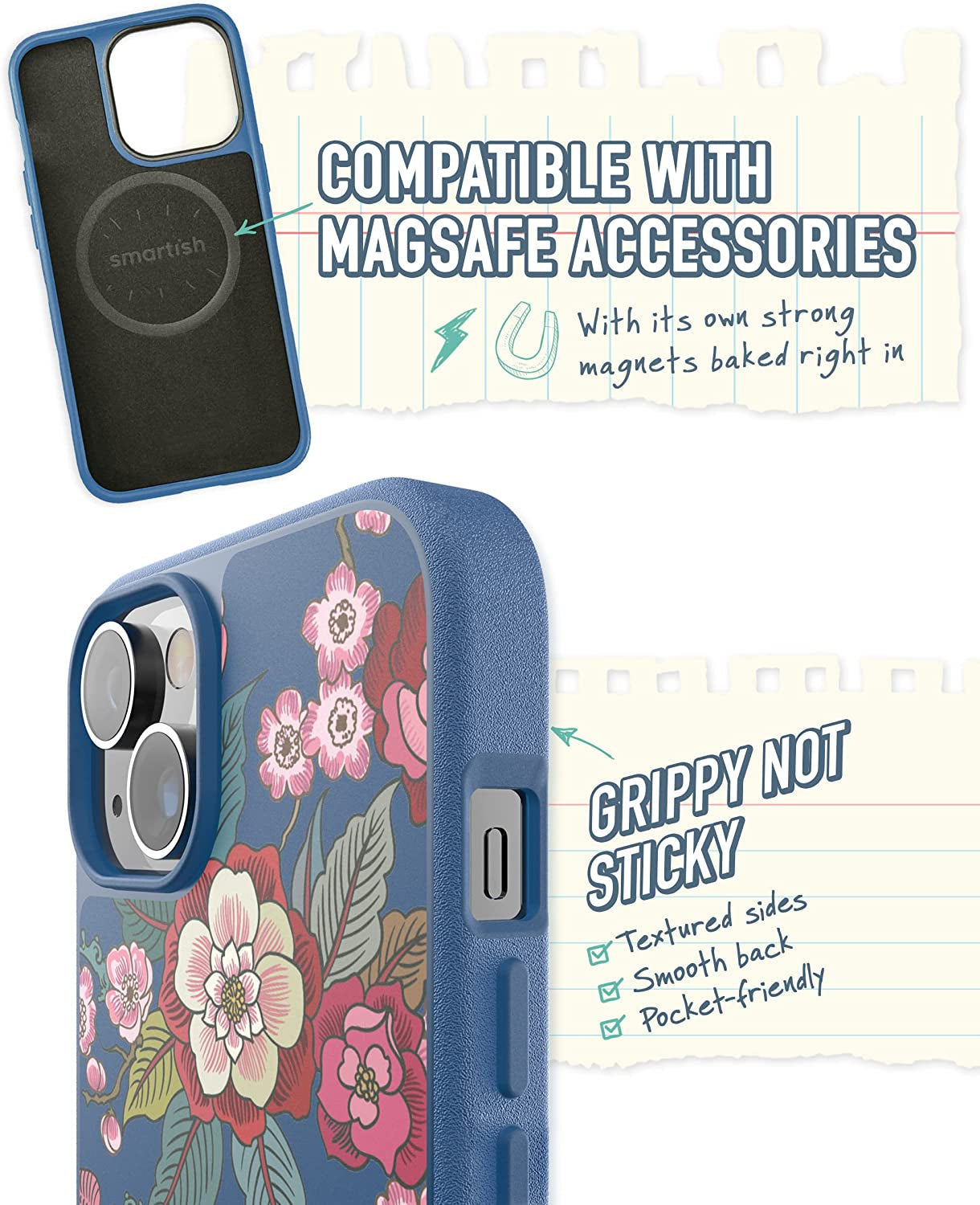 Smartish Iphone 14 Slim Case - Gripmunk Compatible with Magsafe [Lightweight + Protective] Thin Grip Cover with Microfiber Lining - Flirty Flowers  Smartish   