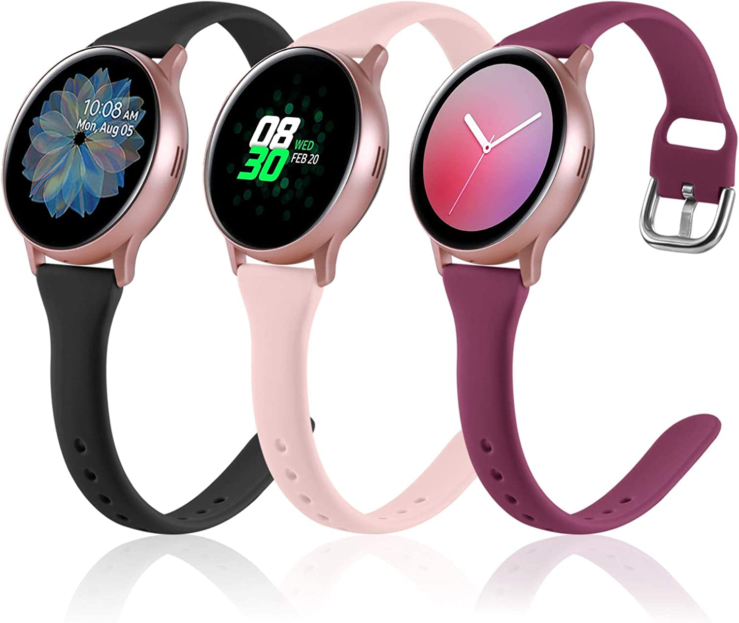 Vcegari (3 Pack) Band Compatible with Samsung Active 2 Watch 40Mm 44Mm, Galaxy Watch 3 41Mm/Galaxy Watch 42Mm/Gear S2 Classic/Gear Sport Bands, 20Mm Slim Silicone Sport Strap for Women Men  Vcegari Black/Pink/Fuchsia Small 