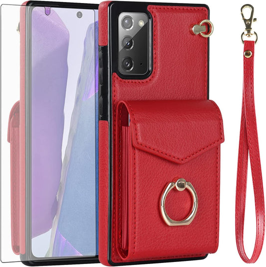 Asuwish Phone Case for Samsung Galaxy Note 20 5G Wallet Cover with Tempered Glass Screen Protector and RFID Blocking Ring Card Holder Cell Accessories Note20 Notes 20S Twenty Not S20 Women Men Red  Asuwish   
