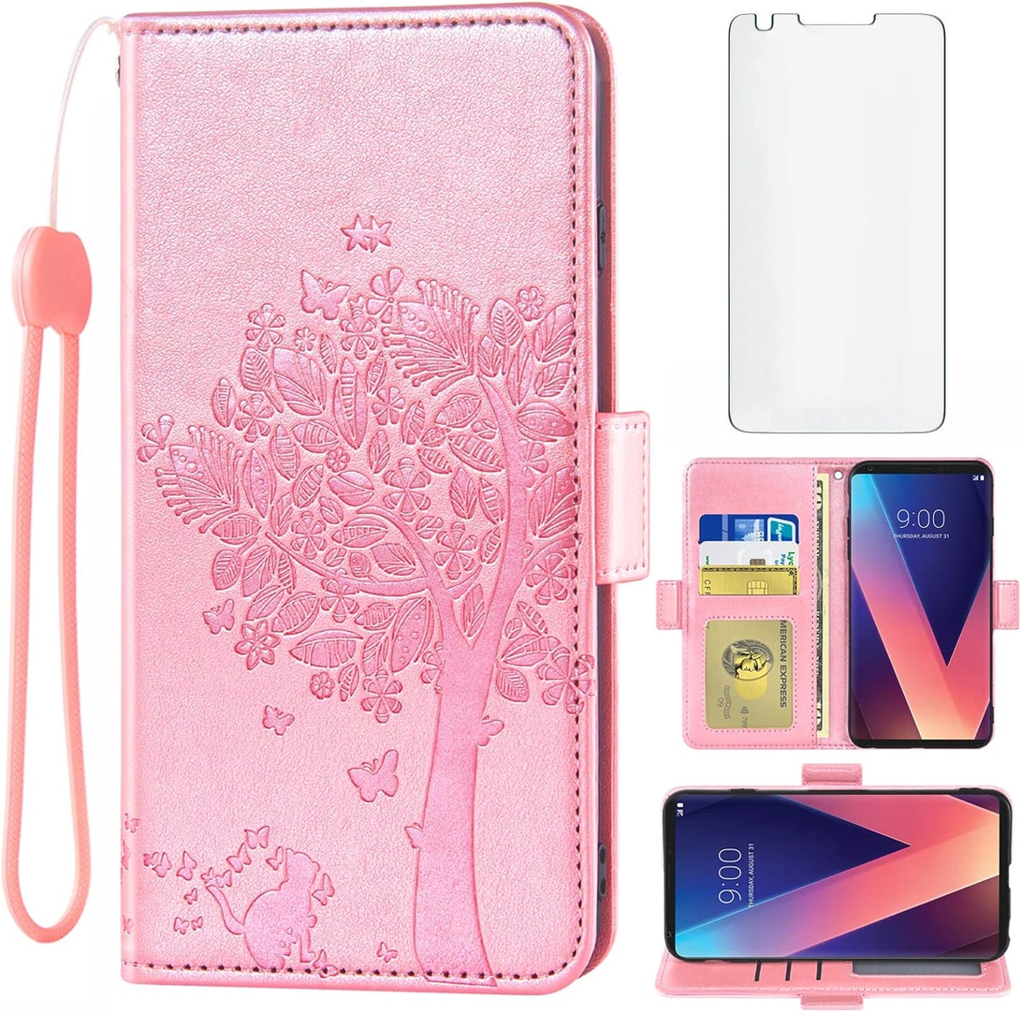Asuwish Compatible with LG V35 Thinq V30 plus Wallet Case and Tempered Glass Screen Protector Flip Wrist Strap Card Holder Cell Phone Cover for LGV30 LGV35 LG30 LG35 V 30 35 V30+ V30S H931 Rose Gold  Asuwish   