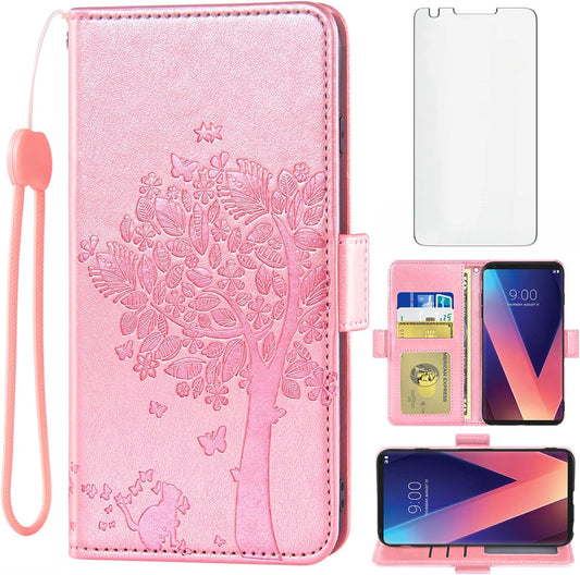 Asuwish Compatible with LG V35 Thinq V30 plus Wallet Case and Tempered Glass Screen Protector Flip Wrist Strap Card Holder Cell Phone Cover for LGV30 LGV35 LG30 LG35 V 30 35 V30+ V30S H931 Rose Gold  Asuwish   