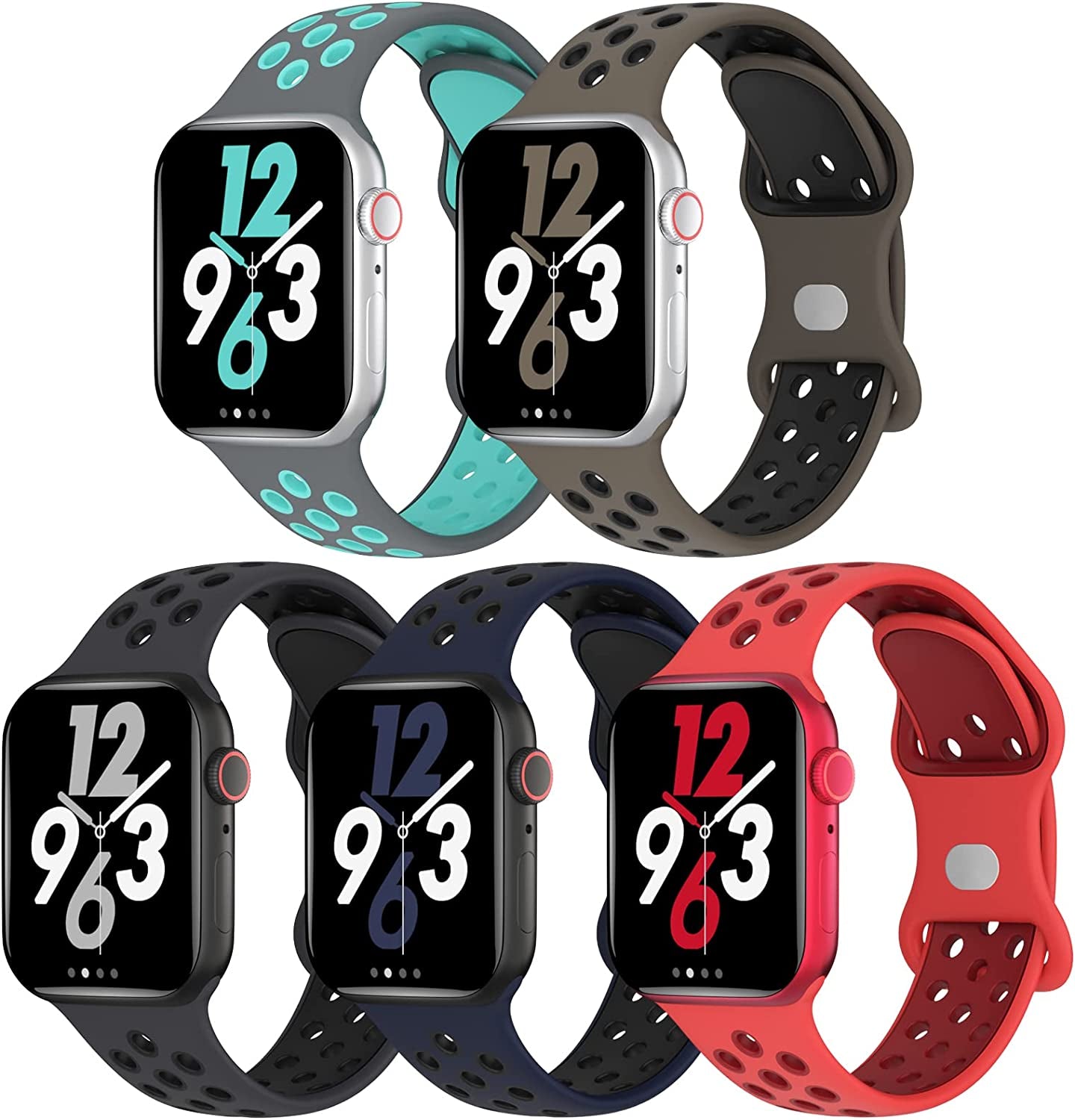 Biudien 5 Pack Sport Bands Compatible with Apple Watch Band 49Mm 45Mm 44Mm 42Mm 41Mm 40Mm 38Mm, Soft Silicone Strap Replacement Breathable Wristband for Iwatch Ultra Series 8 SE 7 6 5 4 3 2 1  Biudien Gray Teal/Olivegrey Black/Anthracite Black/Midnightblue Black/Brightcrimson Gymred 38/40/41mm 
