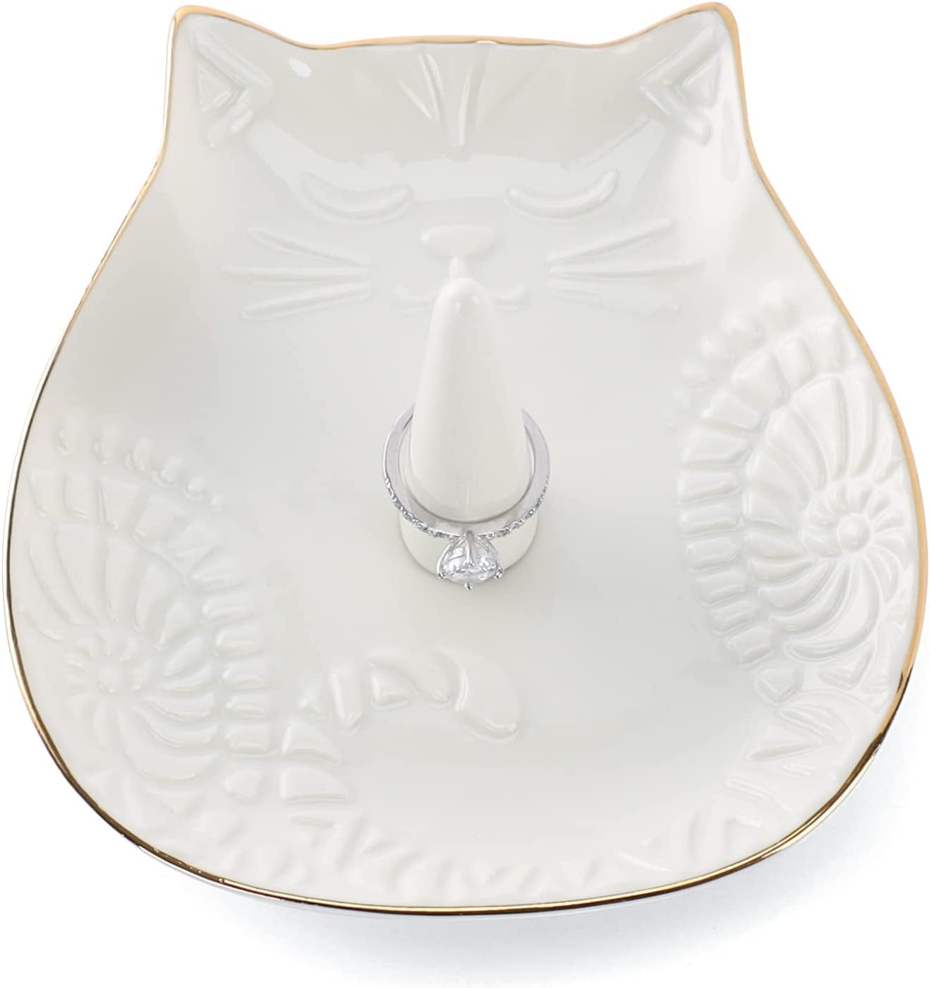 VINCOMIC Mandala Ring Holder,Decorative Jewelry Holder,Birthday Christmas Thanksgiving Day Engagement Wedding Gifts for Women,Ceramic Navy Blue  VINCOMIC White Cat  