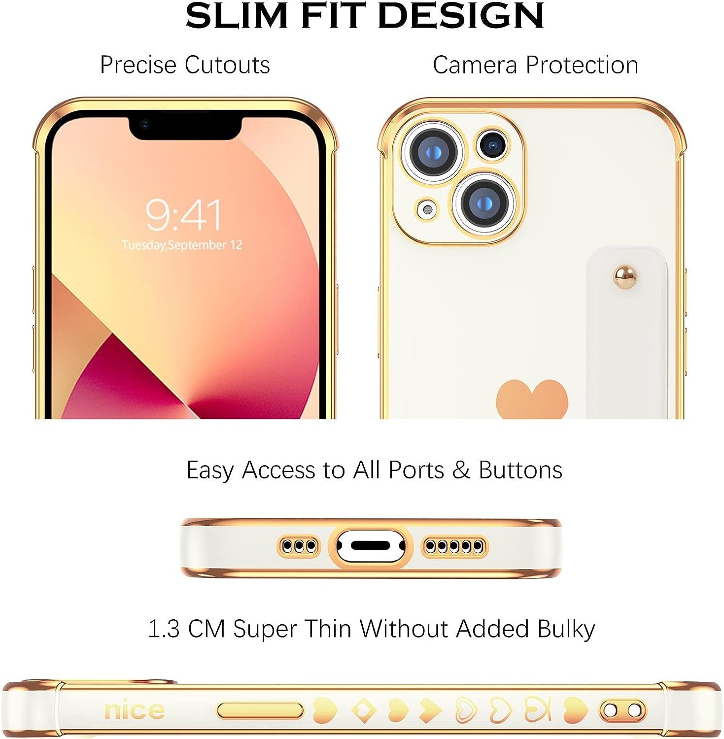 YINLAI Iphone 13 Case, Iphone 13 Cover 6.1 Inch with Finger Loop Holder Wrist Strap Kickstand Hearts Pattern Love Plating Women Girls Slim Fit Soft Shockproof Protective Phone Cases,White  YINLAI   