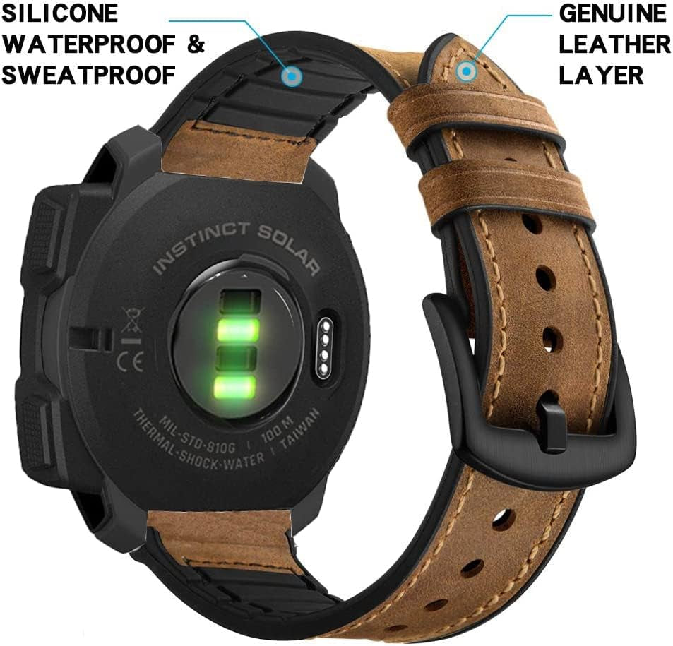 GARTOO Leather Watch Band for Garmin Instinct/Instinct 2 Solar, Soft Genuine Leather with Silicone Sweatproof Wrist Strap for Garmin Instinct Tactical/Tide/Esports/Instinct Solar-Max Wrist 8.1"  GARTOO   