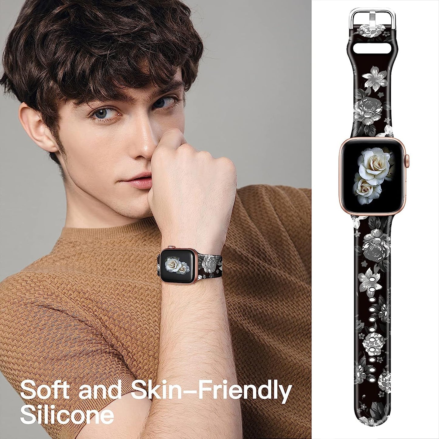 IKANFI Bands Compatible with Apple Watch Band 38Mm 40Mm 41Mm 42Mm 44Mm 45Mm for Women Men Silicone Floral Pattern Printed Band Strap for Iwatch Band SE Series 7 6 5 4 3 2 1 Wristband  IKANFI   