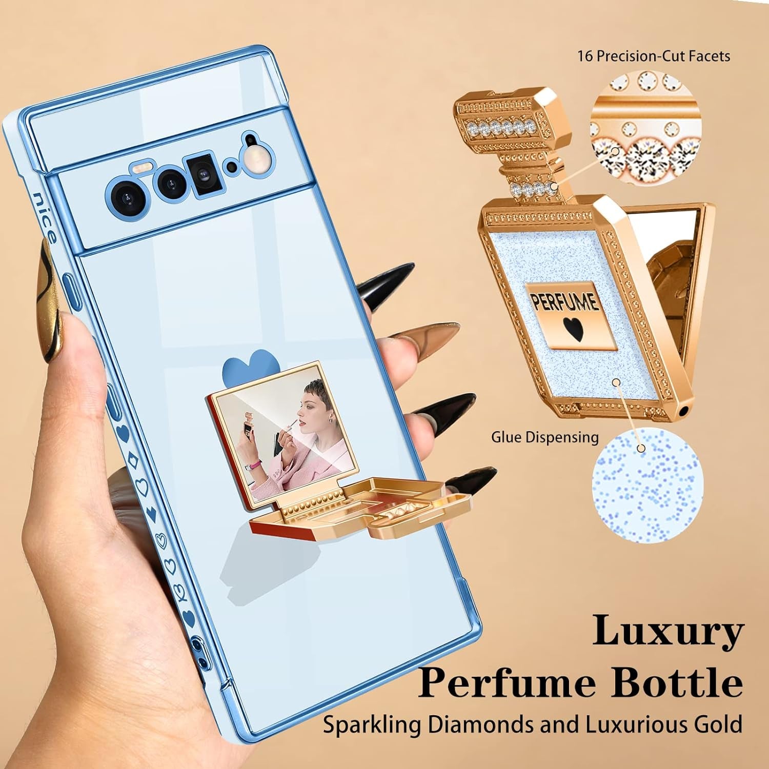 Buleens for Pixel 6 Pro Case with Metal Perfume Bottle Mirror Stand,Cute Women Girly Heart Cases for Google Pixel 6 Pro Case, Elegant Luxury Phone Cover for Pixel 6 Pro Phone Case 6.7''Sierra Blue  Buleens   