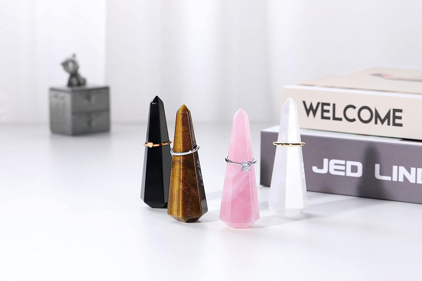 Jovivi Crystal Ring Holder Tower Natural Rose Quartz Crystal Stone Jewelry Ring Display Holder Hexagon Prism Shaped Decorative Wedding Ring Display Stand Finger Ring Storage  Jovivi   