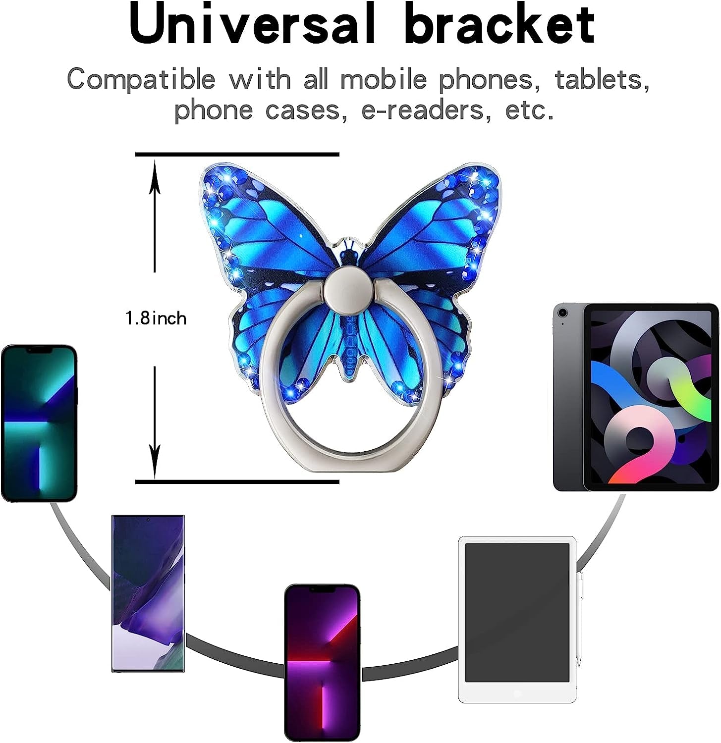 Cavdycidy Bling Metal Cute Butterfly Cell Phone Ring Holder 360°Rotation Finger Stand Kickstand Universal Compatible with All Smartphone(Diamond Deep Blue)  Cavdycidy   