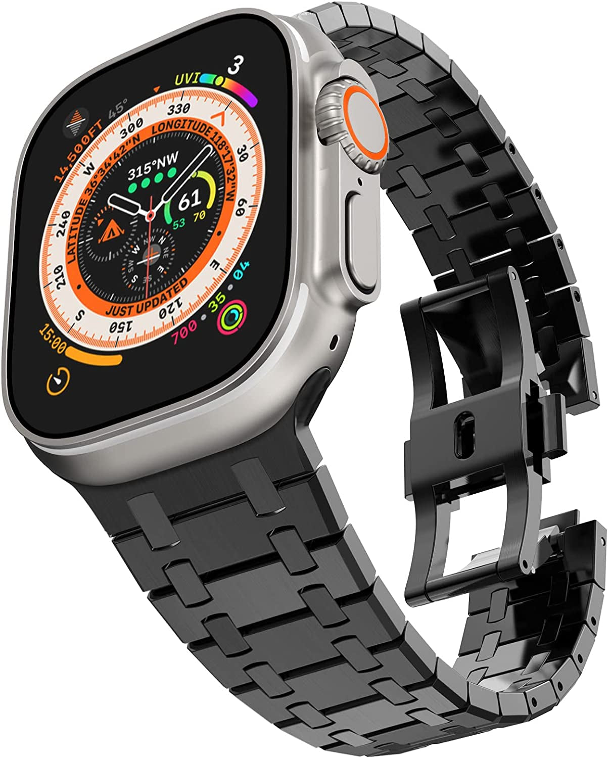 Fullife Compatible with Apple Watch Ultra Band 49Mm 45Mm 44Mm 42Mm Stainless Steel Metal Link with Butterfly Clasp for Men Women for Iwatch Series 8 Series 7 SE/6/5/4/3/2/1, Titanium  Fullife AP-Black Ultra 49mm/45mm/44mm/42mm 