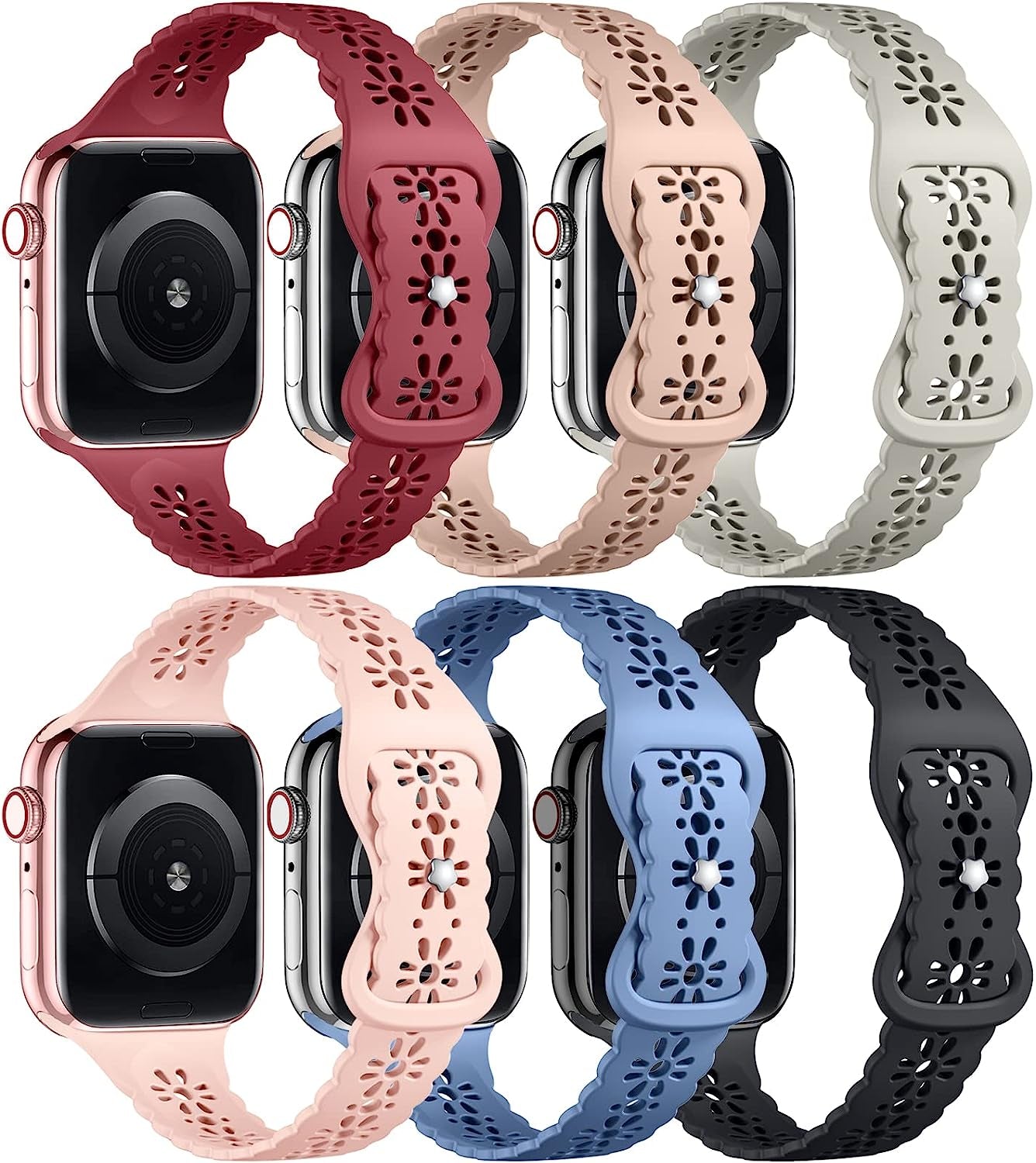 Keponew Lace Slim Bands Compatible with Apple Watch 38Mm 40Mm 41Mm 42Mm 44Mm 45Mm 49Mm, Strap Compatible with Apple Watch Ultra, Hollow-Out Soft Bands for Iwatch Series 8 7 6 5 4 3 2 1 SE, 6 Packs  Keponew Black/Milk Tea/Pink Sand/Red/Grey/Alaska Blue 38mm/40mm/41mm 