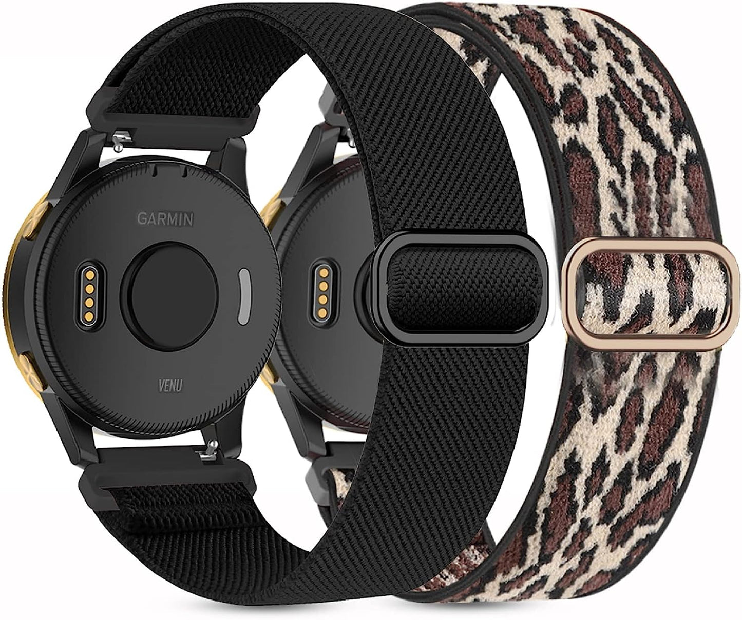 2 Pack Stretchy Nylon Watch Bands Compatible with Garmin Venu/Venu Sq, 20Mm Loop Elastic Straps for Garmin Vivoactive 3,Venu 2 Plus/Venu Sq 2,Forerunner 645/55/245 Music for Women Men.  Kollody Black/Leopard  