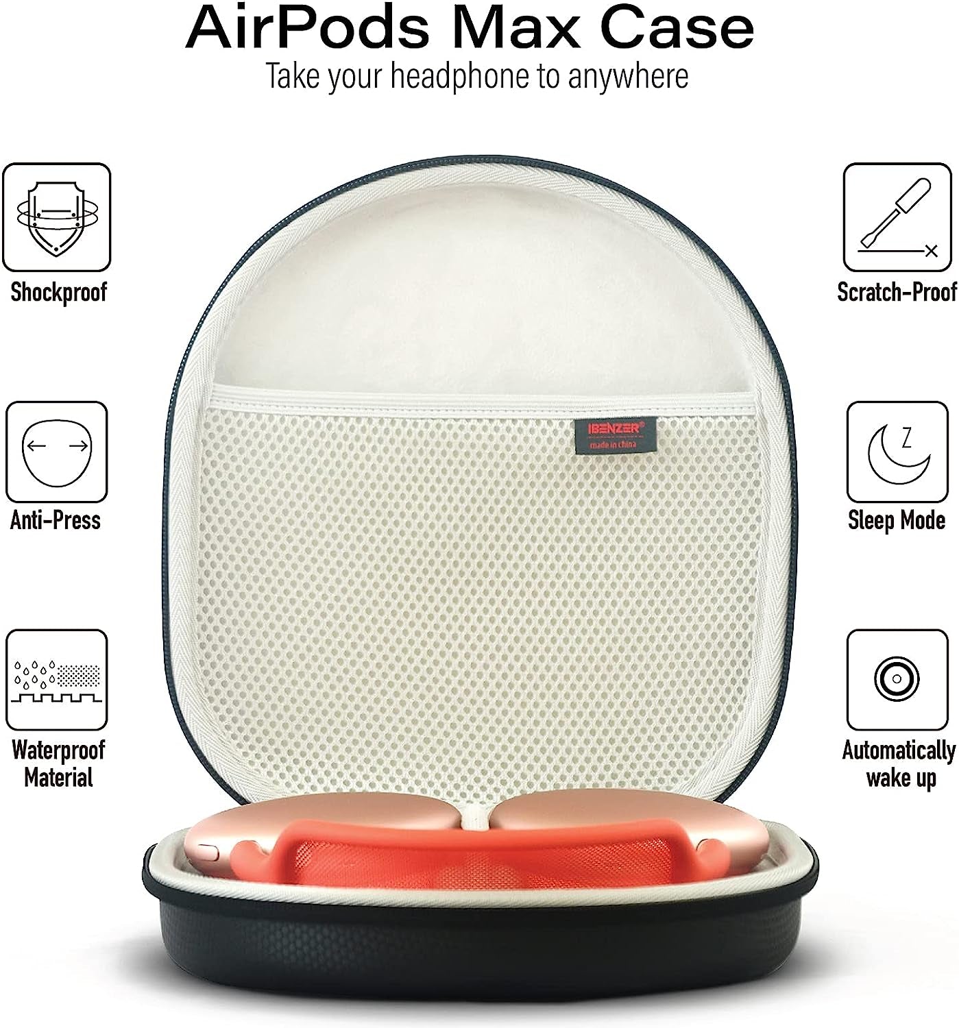 Ibenzer Case for Airpods Max Headphone Travel Carrying Case with Mesh Pocket Storage Bag Waterproof Accessories Protective Hard Shell Headset Cover, Black AP Max-Bk  iBenzer   