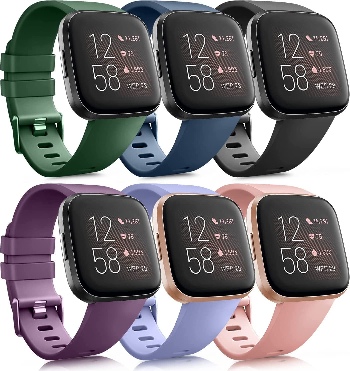 6 Pack Sport Bands Compatible with Fitbit Versa 2 / Versa/Versa Lite/Versa SE, Classic Soft Silicone Replacement Wristbands for Smart Watch Women Men (6 Pack A, Small)  AK Olive Green/Blue/Black/Purple/Lavender/Peach Small 