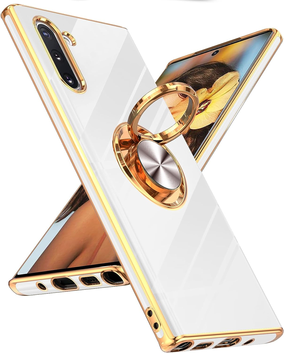 Leyi for Samsung Galaxy Note 10 Case 360° Rotatable Ring Holder Magnetic Kickstand, Plating Rose Gold Edge Protective Case [ Not Applicable Note 10 Plus], White  LeYi   