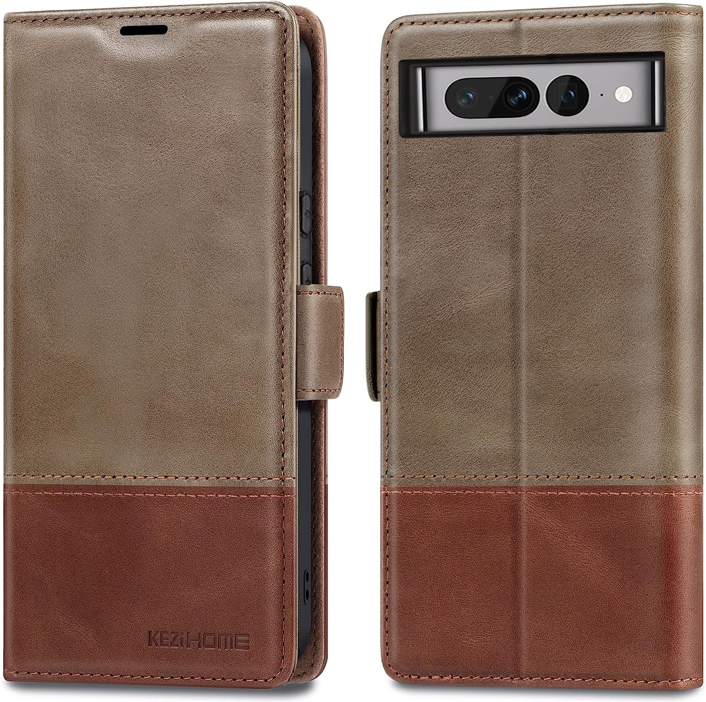 Kezihome Case for Google Pixel 7A, Genuine Leather Wallet Case with Card Holder [RFID Blocking] Kickstand Flip Protective Heavy Duty Phone Cover for Google Pixel 7A 5G 2023 (Red/Brown)  KEZiHOME Gray/Brown Google Pixel 7 Pro 