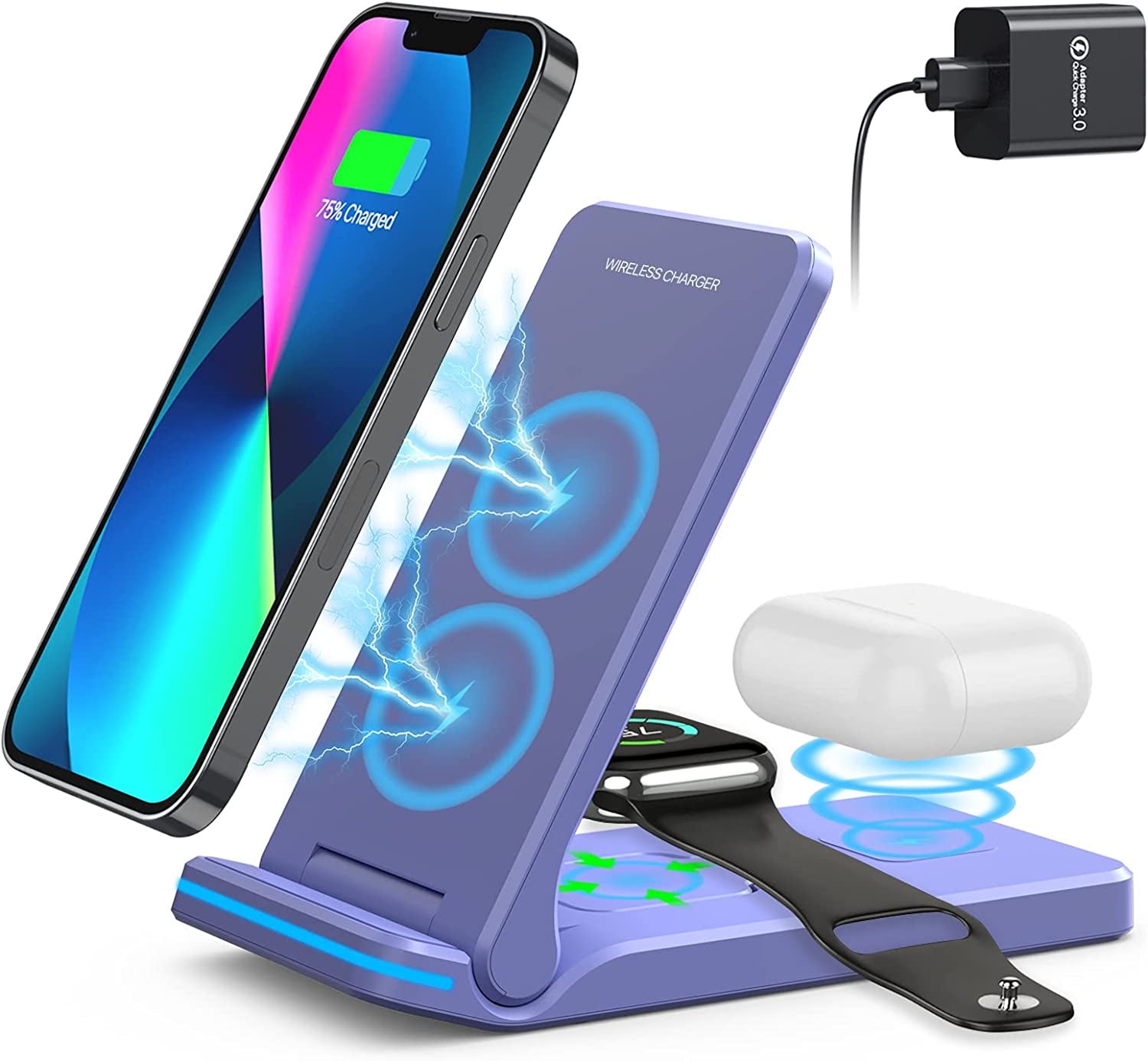 Wireless Charger, 3 in 1 Fast Charging Station, Folding Travel Wireless Charger Stand for Iphone 14,13,12,11/Pro/Max/Plus, X,XR, Xs/Max,Se, 8/Plus,Apple Watch 1-8,Airpods 3/2/Pro 18W Adapter(White)  Pendrajec purple  