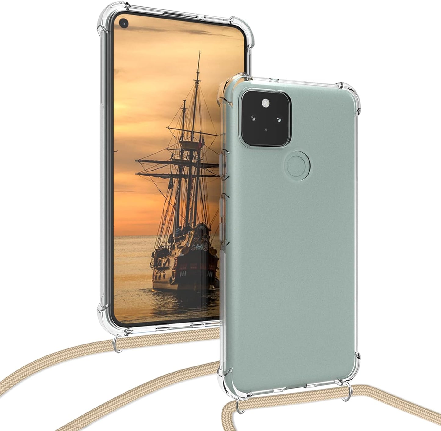 Kwmobile Crossbody Case Compatible with Google Pixel 5 Case - Clear TPU Phone Cover W/Lanyard Cord Strap - Gold  kwmobile   