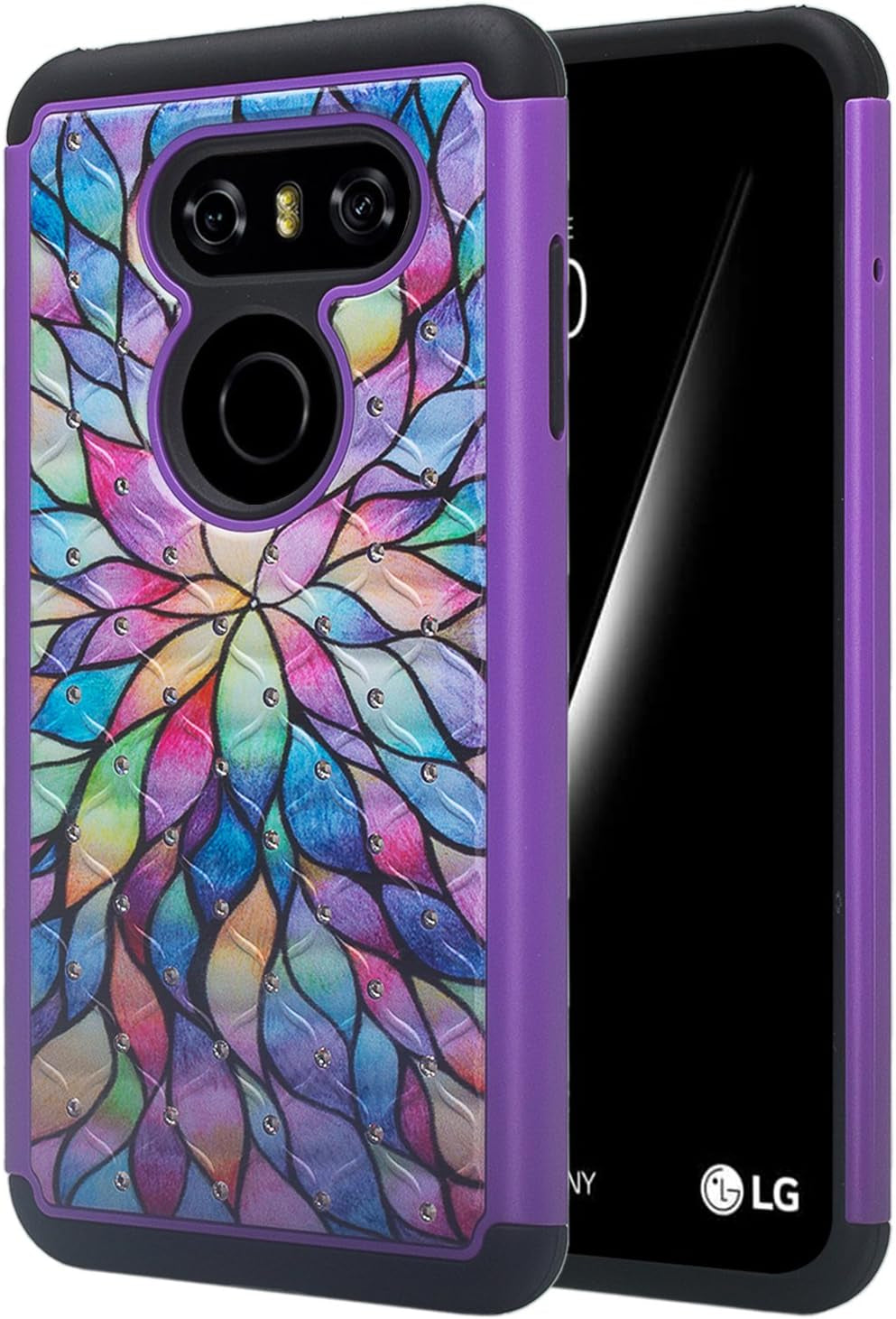 Galaxy Wireless Compatible for LG V30, LG V30 [Impact Resistant] Diamond Hybrid Dual Layer Armor Defender Protective Silicone Bumper - (Hot Pink Heart) (Rainbow Flower)  GALAXY WIRELESS   