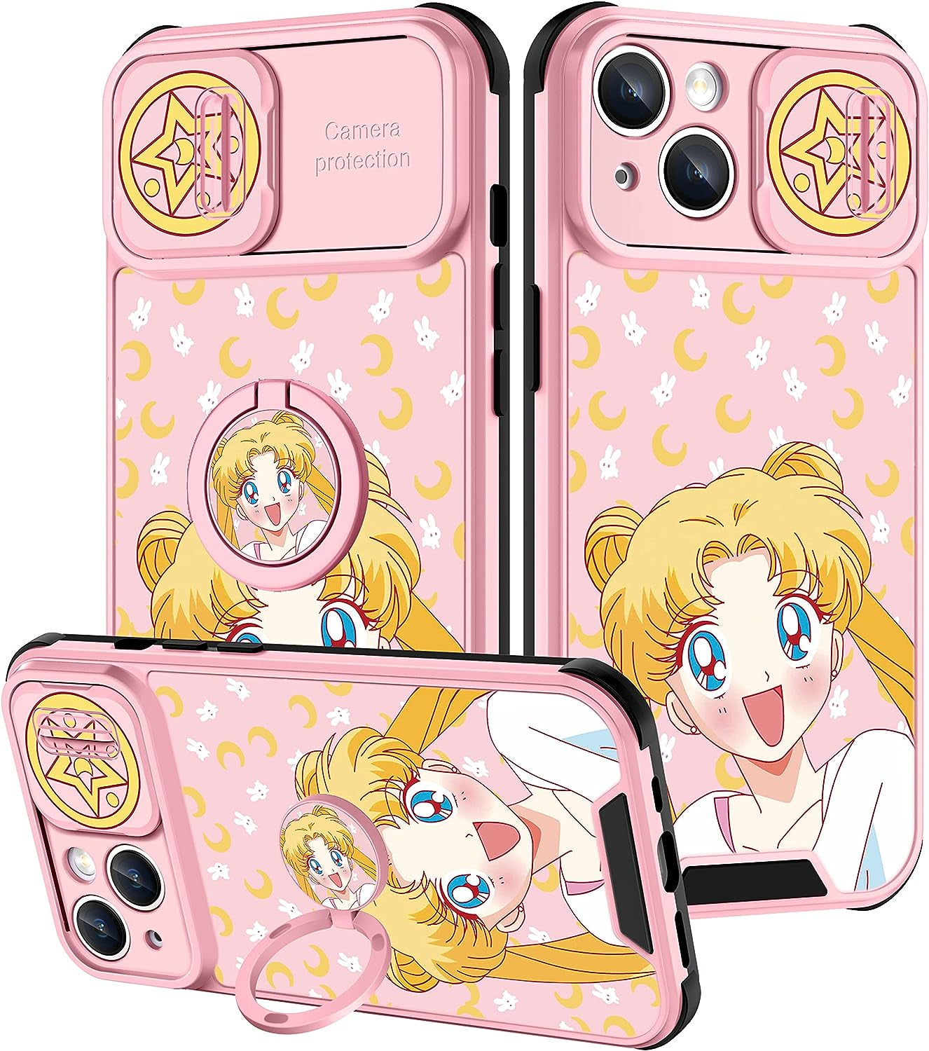 Goocrux (2In1 for Iphone 14 plus Case for Girls Women Kawaii Cartoon Girly Phone Cover Cute Unique Design with Slide Camera Cover+Ring Holder Pink Rainbow Cases for Iphone 14Plus 6.7 Inch  Goocrux Moon Girls  