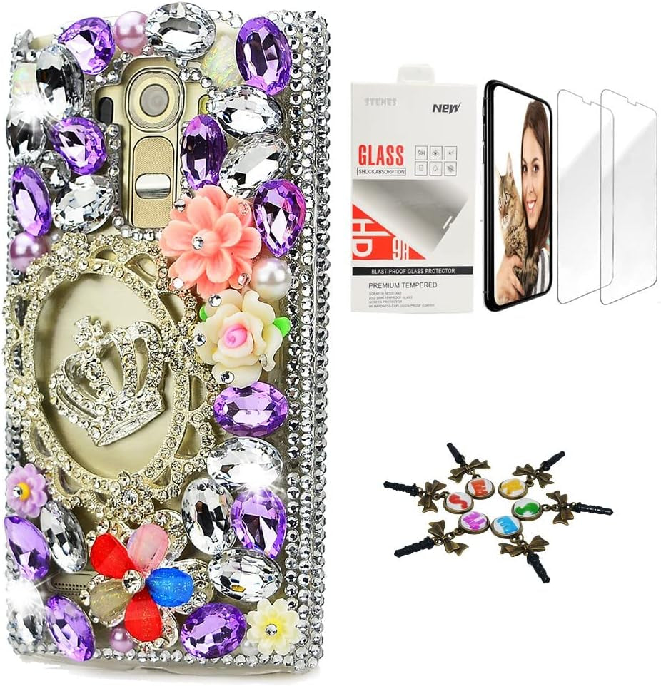 STENES Bling Case Compatible with LG G6 / LG G6 plus - Stylish - 3D Handmade [Sparkle Series] Pretty Butterfly Bowknot Rose Flowers Design Cover with Screen Protector [2 Pack] - Colorful  STENES Crown Frame Rose Flowers / Light Purple Design For Lg G6 / Lg G6 Plus 