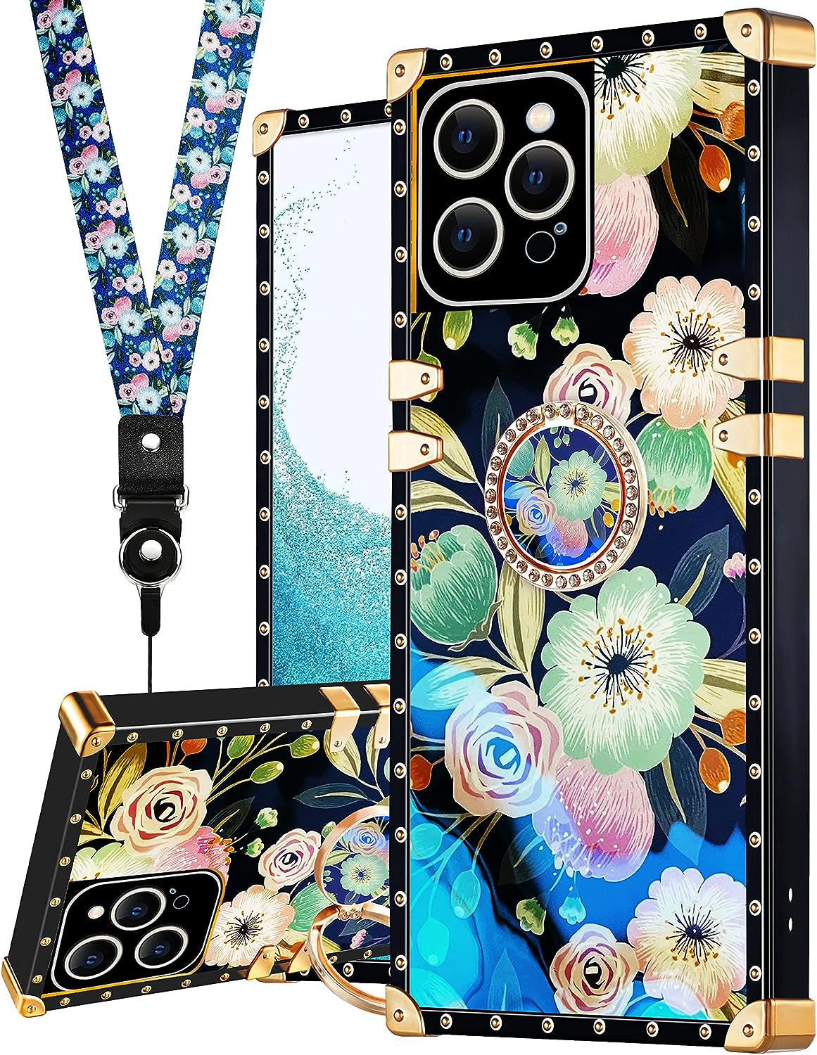 Loheckle for Square Iphone 14 Pro Max Case, Designer Retro Luxury Cases for Women with Ring Stand Holder and Lanyard, Stylish Bee Cute Cover for Iphone 14 Pro Max 6.7 Inch  Loheckle   