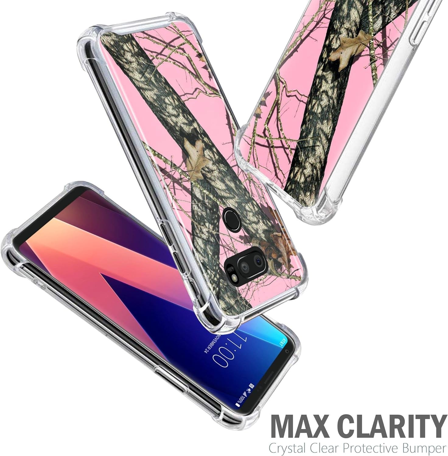Casesondeck Pink Case Compatible with [LG V30 and LG V30S Thinq] Hunters Series Max Clarity Bumper, Hard Back Plate Soft TPU Edges for Max Protection (Pink Hunters Camo)  CasesonDeck   