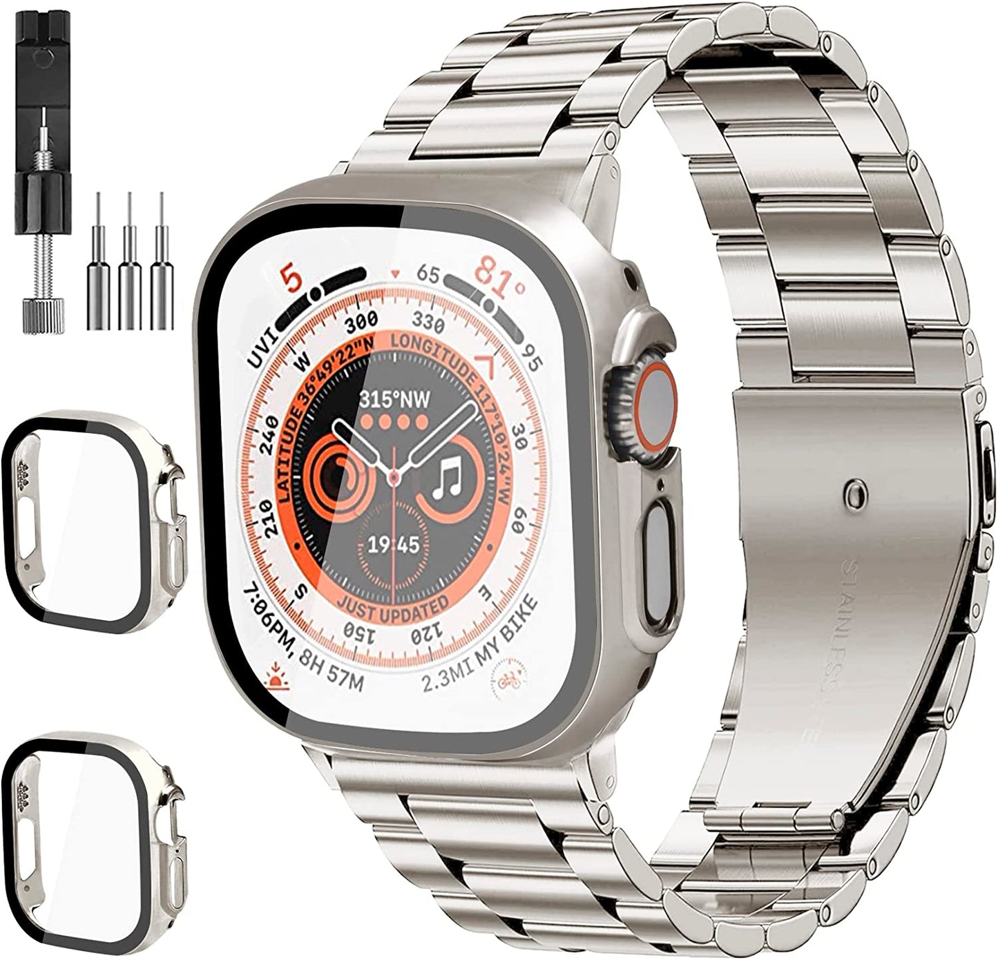 Bekomo Compatible with Apple Watch Band 49Mm 44Mm 45Mm 42Mm 40Mm 38Mm 41Mm, Stainless Steel Metal XL Large Iwatch Bands with 2 Pack Tempered Glass Screen Case for Series Ultra 8/7/6/5/4/3/2/1/SE for Men  Bekomo Starlight 41mm 