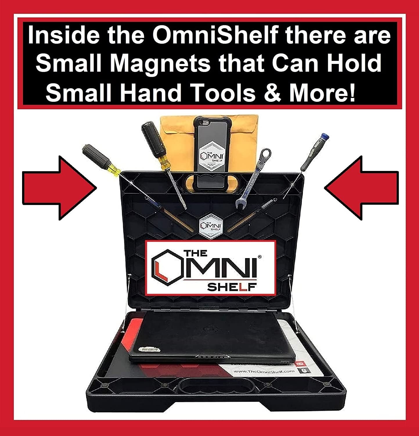 The Omnishelf Magnetic Portable Workstation + Toolbox, Computer & Laptop Stand, Multimeter Case, Utility Shelf W/ 40 Lb Capacity, Hands Free Workstation Attaches to HVAC, Truck, Cabinet, Etc (Magnets)  OmniShelf LLC   