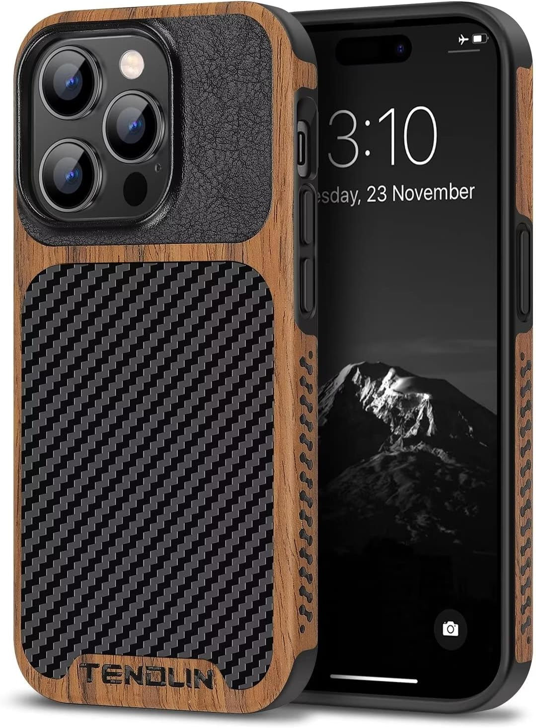 TENDLIN Compatible with Iphone 14 Pro Case Wood Grain with Carbon Fiber Texture Design Leather Hybrid Slim Case Black  TENDLIN   