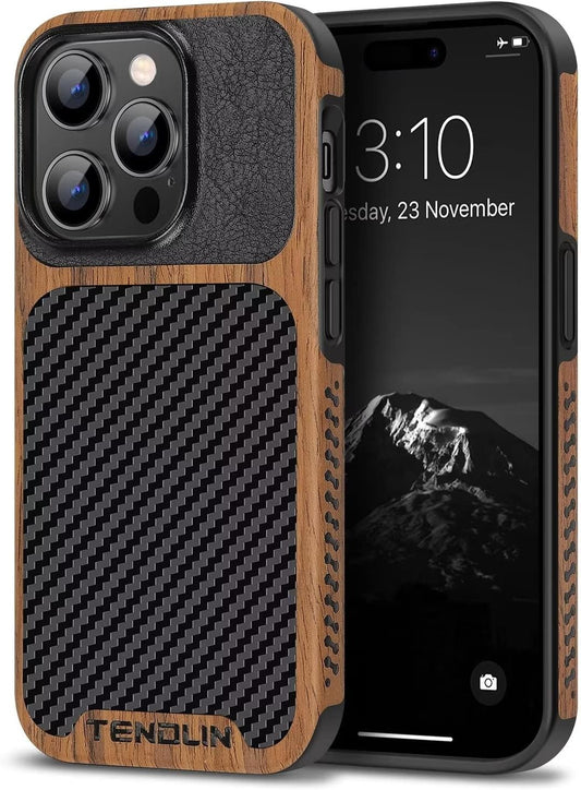 TENDLIN Compatible with Iphone 14 Pro Case Wood Grain with Carbon Fiber Texture Design Leather Hybrid Slim Case Black  TENDLIN   